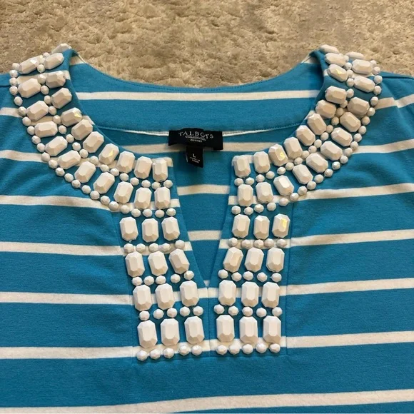 Talbots Striped Sleeveless Tank Top With Chunky Jewel Collar Size PLarge - Picture 6 of 10